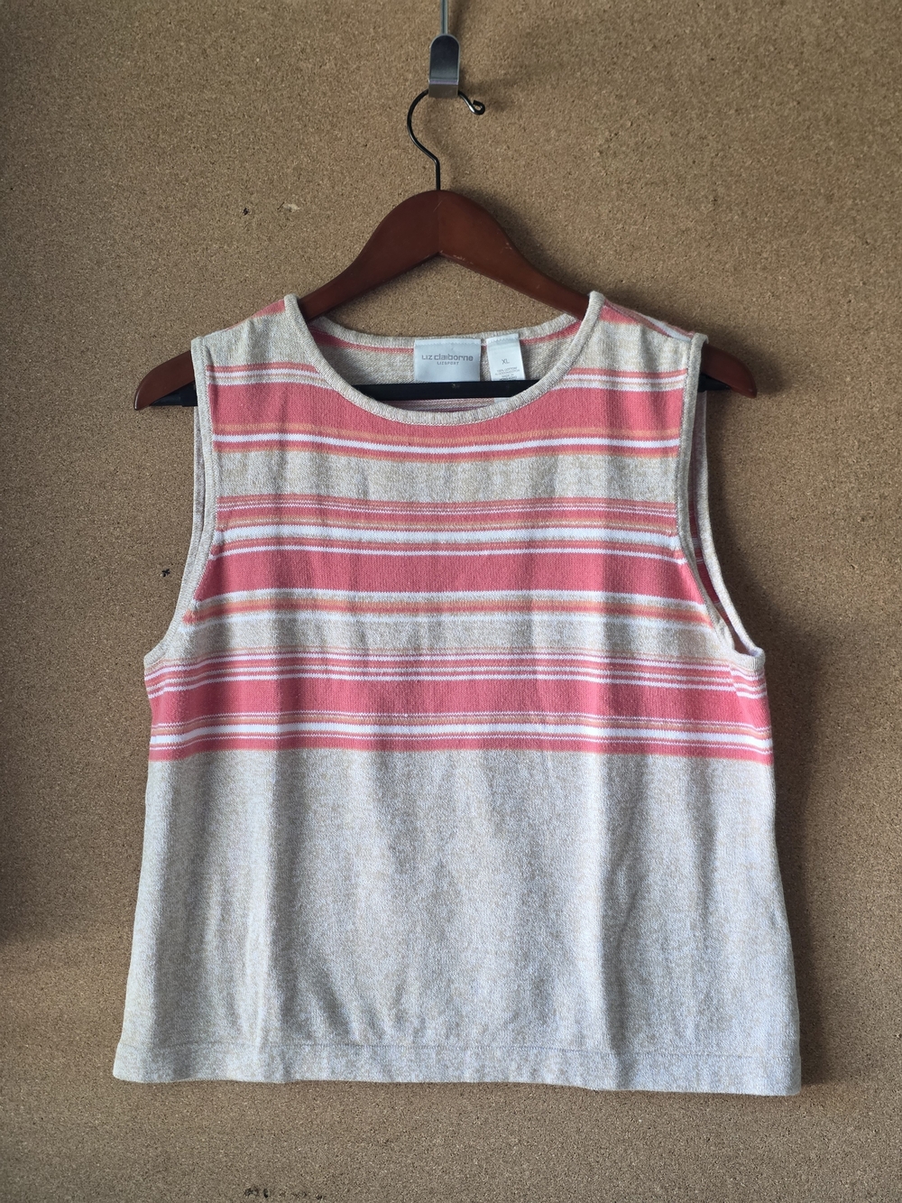 Liz Claiborne LIZSPORT Striped 100% Cotton Tank Top XL Pink Beige